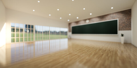 3d rendering of blur classroom background. Empty room interior of school, university, college. Include board or chalkboard, wooden floor in perspective. Concept of education, teach and learn.