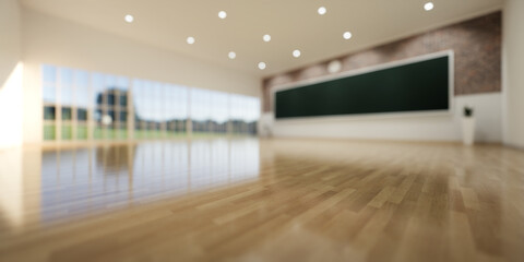 3d rendering of blur classroom background. Empty room interior of school, university, college. Include board or chalkboard, wooden floor in perspective. Concept of education, teach and learn.