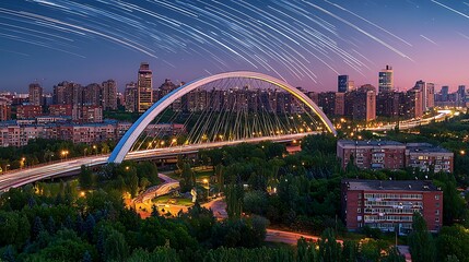 Obraz premium Night cityscape with illuminated arch bridge and star trails.