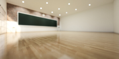 3d rendering of blur classroom background. Empty room interior of school, university, college. Include board or chalkboard, wooden floor in perspective. Concept of education, teach and learn.