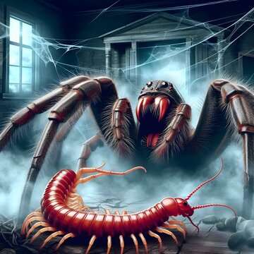 An angry spider fighting with a vicious red centipede, the background of an empty house is horror and scary