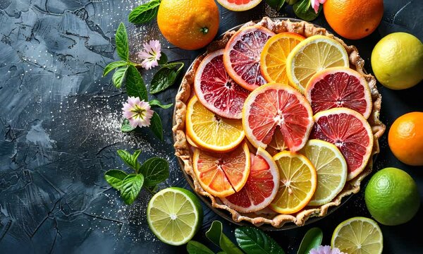 Colorful citrus tart topped with various fresh slices, surrounded by whole fruits and mint
