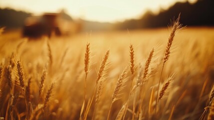 Naklejka premium Wheat Field Ready for Harvesting in Blurry Landscape