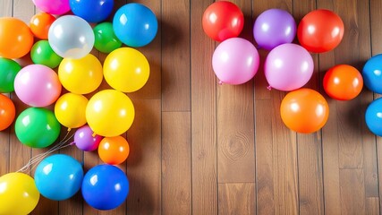 Naklejka premium Colorful birthday balloons scattered on a wooden table, happy birthday greeting, gift presentation, balloons and streamers