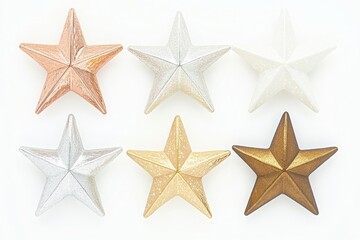 Obraz premium Metallic stars in gold, silver, and bronze with elegant designs on a white background, suitable for festive decorations, holiday themes, and celebratory designs.