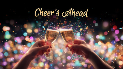 Cheer's Ahead Party Banner with Two person hands clinking champagne glasses together at blurred light background photo.