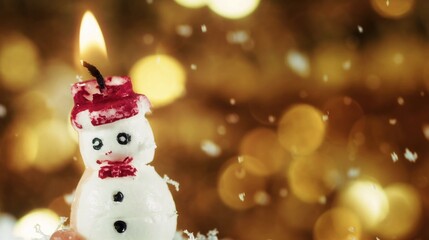 Snowman Candle and Snowing and Colorful Bokeh Behind