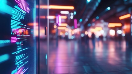 Fototapeta premium A futuristic scene featuring digital code and a blurred background of vibrant lights.