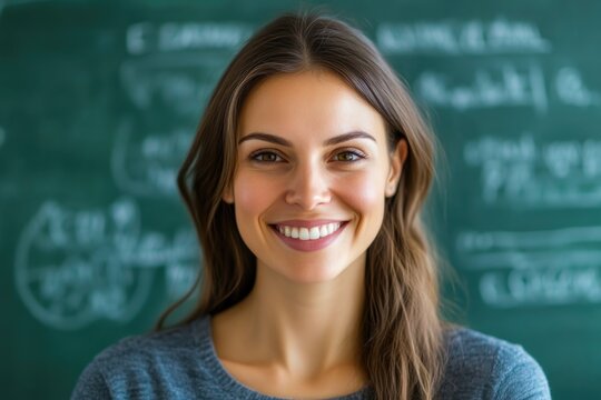 Close-Up of Female Teacher in Front of Chalkboard - Powered by Adobe