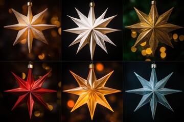 Obraz premium Christmas star decorations in gold, red, and blue with elegant designs, glowing against festive lighting, perfect for seasonal banners, decorations, and festive events.