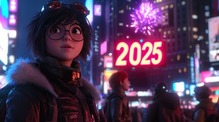 A futuristic scene in a vibrant city with a character looking towards a glowing 2025 sign.