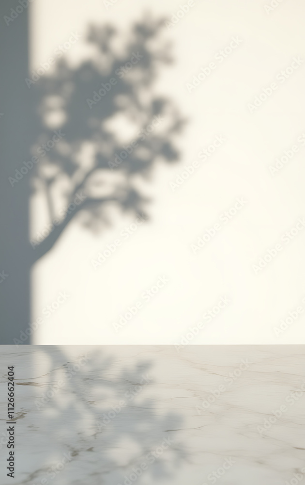 Poster marble tabletop with selective focus creates a blurred shadow of a tree on a white wall background e