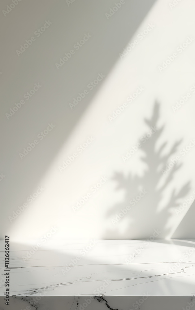 Poster marble tabletop with selective focus creates a blurred shadow of a tree on a white wall background e