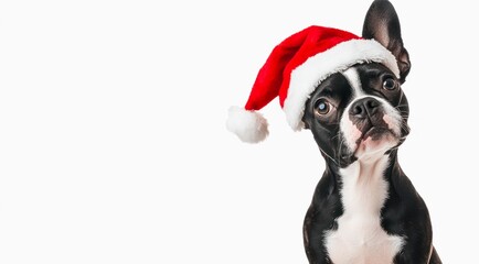 Cute Boston Terrier in Santa Claus red hat on white background with copy space.