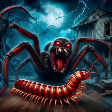 An angry spider fighting with a vicious red centipede, the background of an empty house is horror and scary