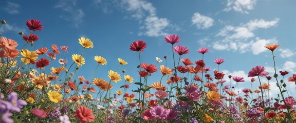 Colorful flowers in full bloom against a backdrop of a clear blue sky, beauty, colorful
