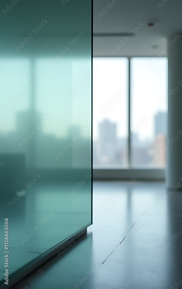 Aufkleber modern architecture features a blurred, abstract glass wall with window as background, using innovat