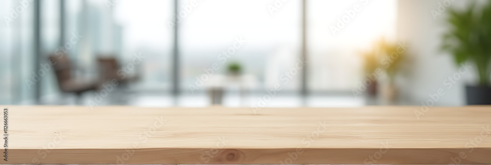 Aufkleber modern wood table on a blurred white glass background in an office setting for product display and d