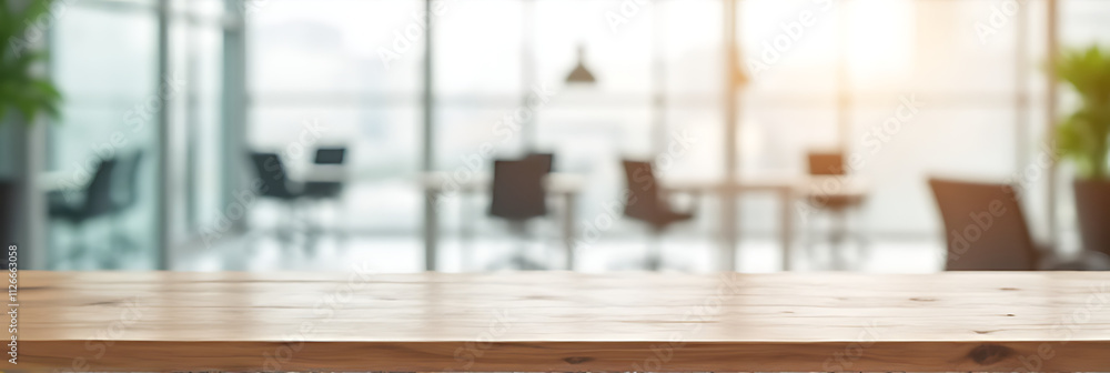 Aufkleber modern wood table on a blurred white glass background in an office setting for product display and d