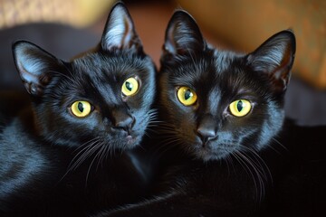 two black cats with striking yellow eyes cuddling together