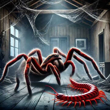 An angry spider fighting with a vicious red centipede, the background of an empty house is horror and scary