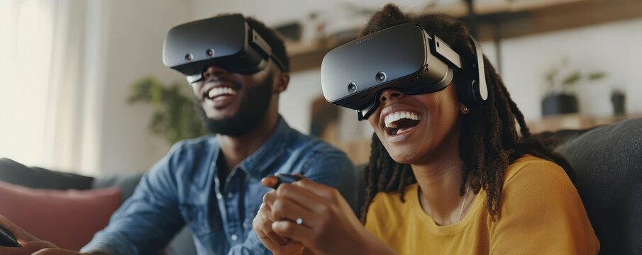 Couple Enjoying Immersive Virtual Reality Experience in Living Room - Powered by Adobe