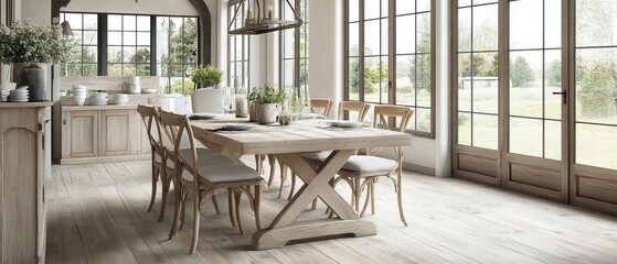 Cozy Rustic Farmhouse Dining Room with Large Windows and Natural Lighting