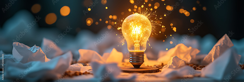 Poster new ideas spark with a creative flash of inspiration like a lightbulb moment amidst clutter and chao