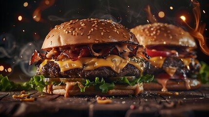 Roasted beef cheddar and fresh toppings in delicious burgers with subtle lighting effects