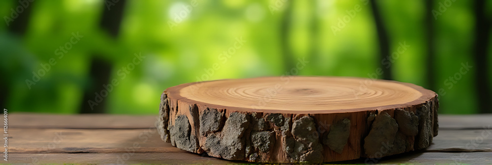 Aufkleber old tree stump used as a unique table top with blurred green tree background for product display and