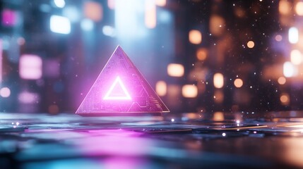 A glowing triangular shape emits vibrant light in a futuristic digital environment.