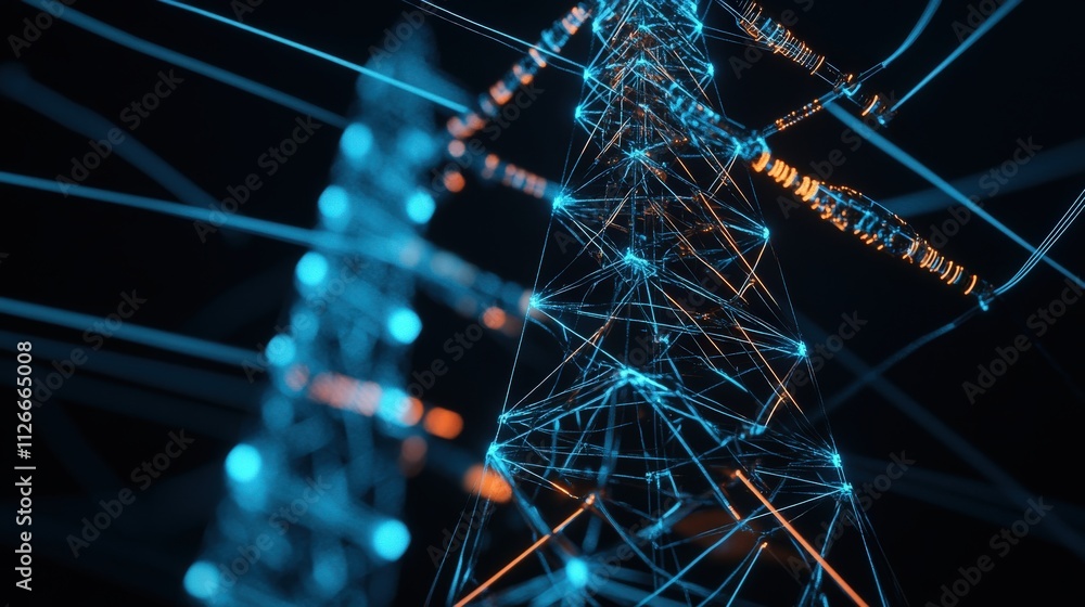 Aufkleber Abstract representation of a telecommunications tower with glowing lines and connections symbolizing the digital network and modern communication technology