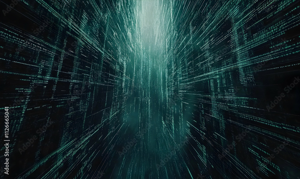 Poster abstract digital tunnel of teal code streaming, futuristic technology background, data flow concept.