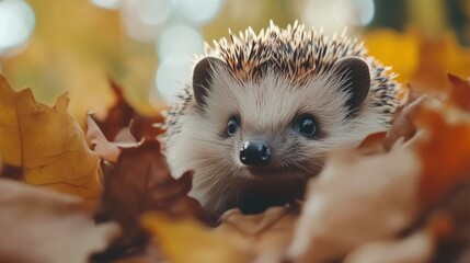 Fototapeta premium Wild Hedgehog Among Autumn Leaves in Nature