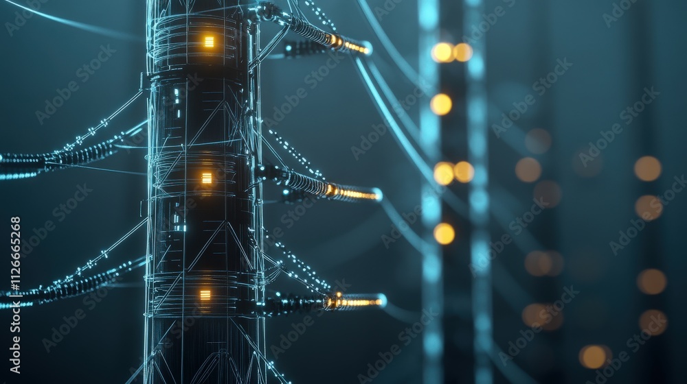 Aufkleber Futuristic Digital Power Grid with Glowing Nodes and Intricate Wireframe Structure Amidst a Blue Dark Background for High-Tech Innovations and Concepts