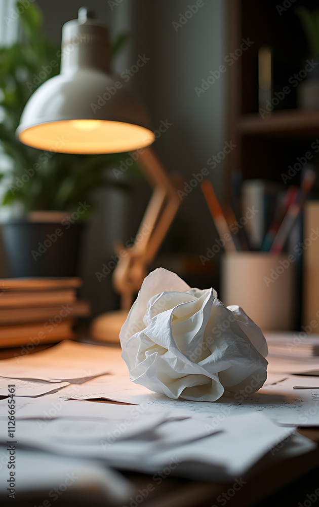 Poster paper crumpled into a ball sits next to a lamp on a cluttered desk surrounded by scraps of ideas and