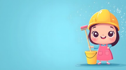Kawaii-style cartoon mascot of a cleaning lady in pink apron and yellow safety hat, holding mop and bucket. Cheerful chibi character design with sparkle effects on pastel blue background.