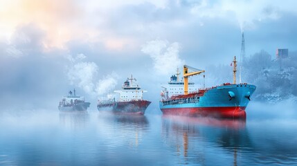 Fototapeta premium Atmospheric Scene of Cargo Ships in Misty Harbor with Calm Waters and Soft Light at Sunrise, Creating a Serene and Mysterious Maritime Landscape