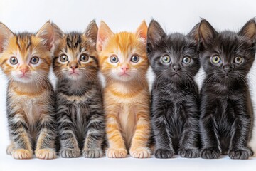 Adorable kittens with tabby and solid fur patterns sitting in a row on a white background, ideal for pet banners, posters, and profile pictures.


