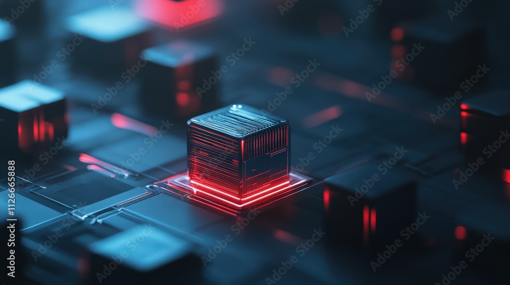 Poster Abstract depiction of a microchip surrounded by glowing circuit patterns, representing advanced technology, innovation, and the future of digital processing.