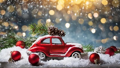 Charming Christmas Invitation Card Background Featuring a Snowy Scene with a Festive Red Toy Car, Perfect for Spreading Holiday Cheer and Inviting Loved Ones to Celebrate the Season
