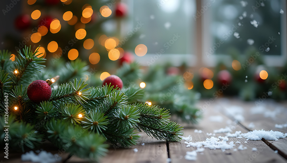 Poster pine branches adorn a rustic wooden table as part of a festive christmas background with winter wond