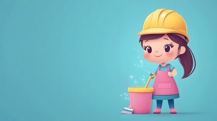 Kawaii-style cartoon mascot of a cleaning lady in pink apron and yellow safety hat, holding mop and bucket. Cheerful chibi character design with sparkle effects on pastel blue background.
