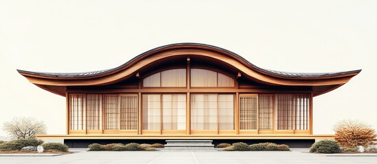 Modern Japanese-style house with curved roof, wooden exterior, and shoji screens.