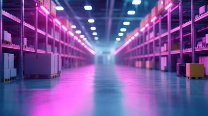 A modern warehouse with shelves filled with boxes and vibrant pink lighting.
