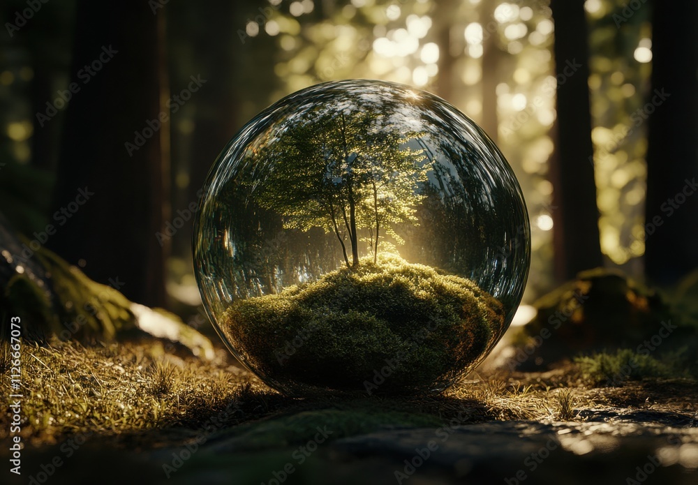 Poster enchanted forest sphere with lush greenery and illuminated tree surrounded by mystical nature in a s