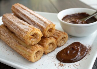 Churros Fried Spanish dough pastries, crispy on the outside and soft inside, rolled in cinnamon sugar, and often served with a side of thick chocolate for dipping