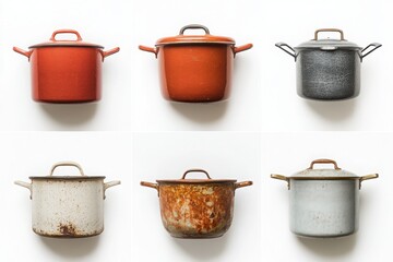 Vintage cooking pots with rustic and aged finishes, perfect for kitchen-themed photography, culinary design, and antique-style marketing.

