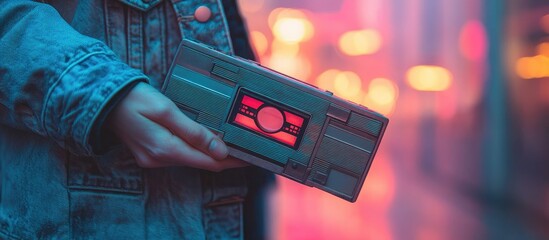 Person holding a futuristic device in neon-lit city.