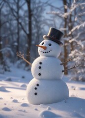 Delicate snowflakes falling gently around a snowman, creating a serene winter scene, gentle flakes, snowy woods, serene landscape